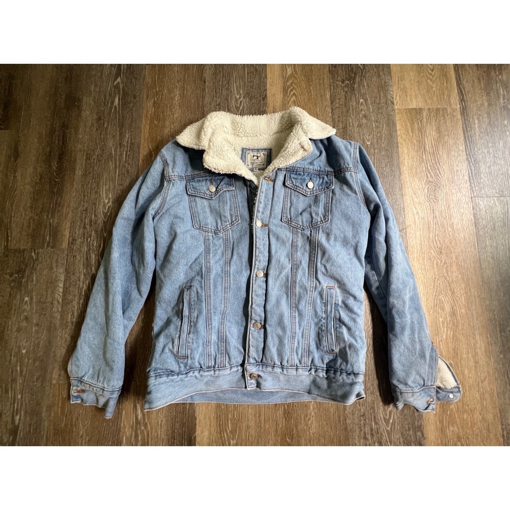 FASHION Denim Trucker Jacket Mens L Light Wash Good Sherpa Lined Jean‎ Coat